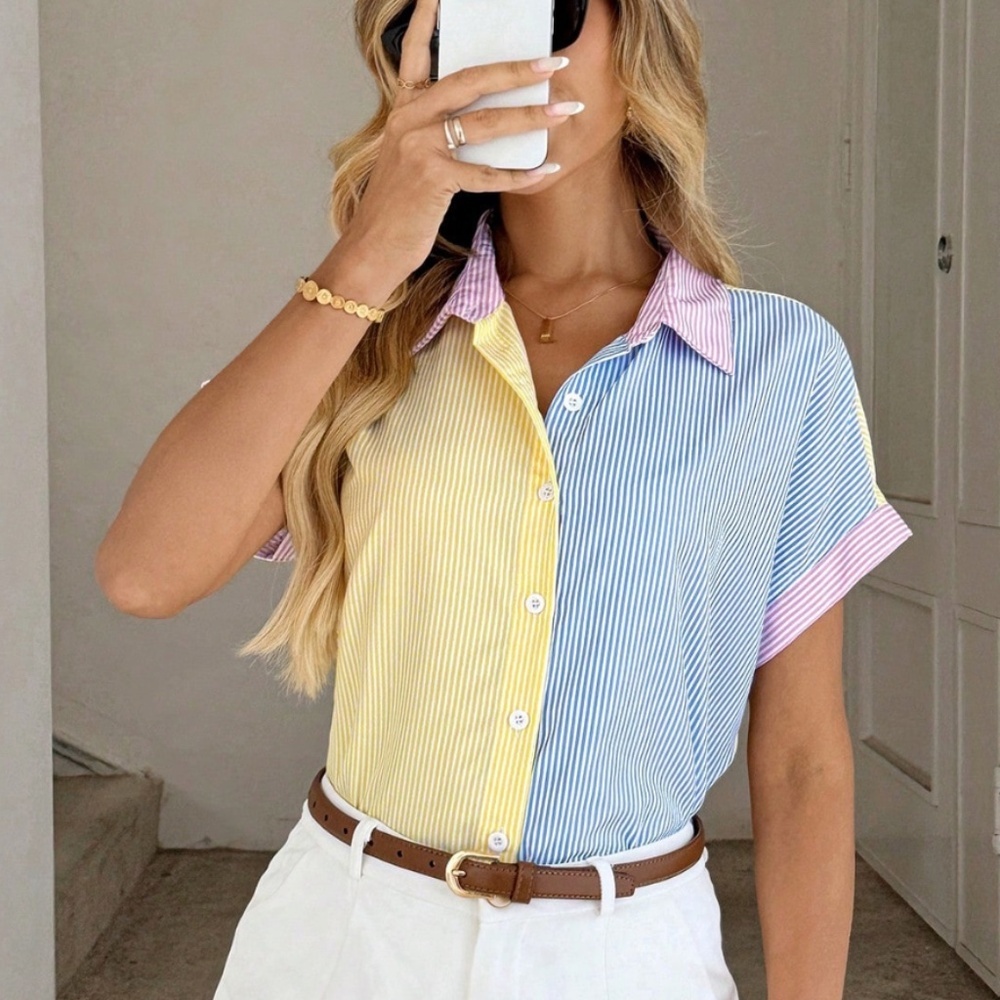 Multicolor Striped Casual Button Down Shirt (Blue, Yellow, Pink)